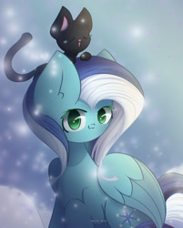 Size: 1850x2300 | Tagged: safe, artist:miryelis, oc, cat, pegasus, pony, commission, cute, ear fluff, green eyes, long mane, looking at you, simple background, snow, snowfall