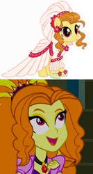 Size: 266x495 | Tagged: safe, gameloft, idw, screencap, adagio dazzle, ginger gold (idw), earth pony, pony, equestria girls, g4, my little pony equestria girls: rainbow rocks, clothes, cropped, dress, female, gem, idw showified, mare, shoes, simple background, siren gem, smiling, spiked headband, wedding dress