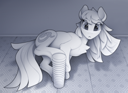 Size: 2440x1785 | Tagged: safe, artist:yakovlev-vad, octavia melody, earth pony, pony, g4, behaving like a cat, chest fluff, cute, eyebrows, eyelashes, female, frog (hoof), high res, lacrimal caruncle, looking at something, mare, misleading thumbnail, monochrome, observer, solo, underhoof