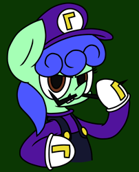 Size: 1954x2420 | Tagged: safe, artist:derpyalex2, oc, oc only, oc:blurie grape, pegasus, pony, clothes, cosplay, costume, gloves, hat, male, overalls, smug, solo, super mario bros., waluigi, waluigi's hat