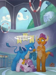 Size: 1472x1954 | Tagged: safe, artist:drafthoof, gallus, smolder, sweetie belle, dragon, griffon, pegasus, pony, unicorn, g4, ball, basketball, blushing, broom, cloud, crossed arms, debate in the comments, dragoness, exercise, female, filly, flexible, foal, folded wings, gym, hoop, horn, implied shipping, misleading thumbnail, open mouth, rope, school of friendship, silhouette, speech bubble, sports, talking, trio focus, wings