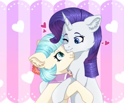 Size: 1843x1538 | Tagged: safe, artist:freyamilk, coco pommel, rarity, earth pony, pony, unicorn, g4, abstract background, commission, female, heart, heart eyes, hug, lesbian, one eye closed, ship:marshmallow coco, shipping, wingding eyes, wink, ych result