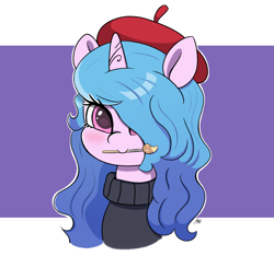 Size: 2160x2025 | Tagged: safe, artist:limitmj, izzy moonbow, pony, unicorn, g5, my little pony: a new generation, beanie, beatnik, clothes, cute, hair over one eye, hat, high res, izzybetes, mouth hold, paintbrush, sweater, turtleneck
