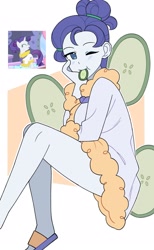 Size: 1511x2449 | Tagged: safe, artist:4phr0sd3l0s, rarity, pony, unicorn, equestria girls, g4, alternate hairstyle, cucumber, female, food, looking at you, mare, one eye closed, redraw, sandals, smiling, smiling at you, spa robe, wink, winking at you