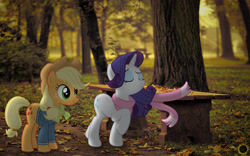 Size: 3098x1936 | Tagged: safe, artist:zombielandundead, applejack, rarity, earth pony, pony, unicorn, g4, 2016, autumn, clothes, female, irl, mare, photo, ponies in real life, scarf