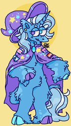 Size: 524x930 | Tagged: safe, artist:uppypups, trixie, unicorn, semi-anthro, g4, alternate design, arm hooves, cape, clothes, cloven hooves, colored hooves, ear piercing, earring, female, fluffy, gender headcanon, hat, headcanon, heterochromia, jewelry, leonine tail, lesbian pride flag, lgbt headcanon, piercing, pride, pride flag, sexuality headcanon, simple background, snaggletooth, tail, trans female, trans trixie, transgender, transgender pride flag, trixie's cape, trixie's hat, yellow background