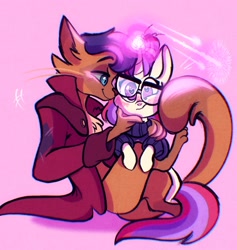 Size: 1583x1668 | Tagged: safe, artist:carouselunique, capper dapperpaws, moondancer, abyssinian, pony, unicorn, anthro, g4, blushing, capperdancer, chest fluff, clothes, coat, crack shipping, februpony, female, glasses, glowing, glowing horn, heart eyes, horn, interspecies, magic, male, mare, nuzzling, pink background, shipping, simple background, straight, sweater, turtleneck, wingding eyes