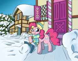 Size: 2016x1582 | Tagged: safe, artist:agent-diego, pinkie pie, earth pony, pony, g4, clothes, ponyville, scarf, snow, snow shovel, sugarcube corner, winter