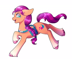 Size: 3012x2504 | Tagged: safe, artist:_ladybanshee_, sunny starscout, earth pony, pony, g5, my little pony: a new generation, chest fluff, ear fluff, fetlock tuft, full body, happy, high res, running, simple background, solo, unshorn fetlocks, white background