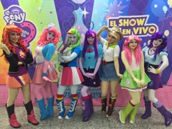 Size: 1200x900 | Tagged: safe, applejack, fluttershy, pinkie pie, rainbow dash, rarity, sunset shimmer, twilight sparkle, human, equestria girls, g4, my little pony & equestria girls el show en vivo, boots, clothes, compression shorts, cosplay, costume, denim skirt, humane five, humane six, irl, irl human, live action, photo, pleated skirt, shoes, shorts, skirt, theater