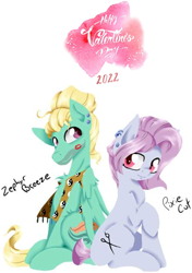 Size: 1414x2008 | Tagged: safe, artist:alazak, edit, pixie cut (g4), zephyr breeze, earth pony, pegasus, pony, g4, 2022, duo, hearts and hooves day, holiday, kiss mark, lipstick, looking at each other, looking at someone, lyrics in the description, male, pixiebreeze, smiling, smiling at each other, song in the description, stallion, valentine's day, youtube link in the description, zephyrcut