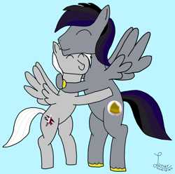Size: 1764x1752 | Tagged: safe, artist:lunar guardian, oc, oc only, oc:lunar guardian, oc:silver edge, pegasus, pony, eyes closed, hug, simple background, smiling, spread wings, tail, wings