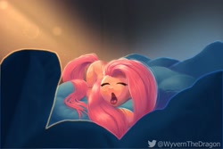 Size: 1619x1080 | Tagged: safe, artist:wyvernthedragon, fluttershy, pegasus, pony, g4, bed, crepuscular rays, cute, daaaaaaaaaaaw, eyes closed, female, lying, lying down, mare, open mouth, prone, shyabetes, sleeping, sleepy, solo, tongue out, uvula, volumetric mouth, yawn