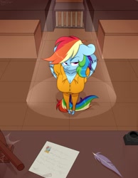 Size: 856x1103 | Tagged: safe, artist:shiny-dust, rainbow dash, anthro, g4, breasts, busty rainbow dash, cleavage, clothes, commission, commissioner:rainbowdash69, courtroom, frustrated, gavel, never doubt rainbowdash69's involvement, prison outfit, prisoner rd, rainbow dash is not amused, unamused