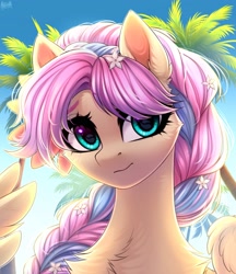 Size: 2500x2900 | Tagged: safe, artist:hakaina, oc, oc only, pegasus, pony, chest fluff, flower, flower in hair, high res, palm tree, solo, tree