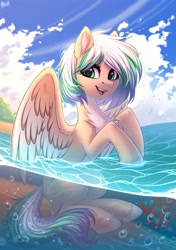 Size: 2500x3550 | Tagged: safe, artist:hakaina, oc, oc only, pegasus, pony, bubble, caustics, chest fluff, cloud, colored ear fluff, colored ears, colored hooves, colored wings, concave belly, coral, crepuscular rays, ear fluff, high res, looking at you, multicolored mane, ocean, open mouth, pale belly, pegasus oc, shallow water, sky, slender, solo, sunlight, swimming, thin, tropical, tropical island, two toned wings, underwater, unshorn fetlocks, water, wings