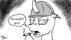 Size: 1200x675 | Tagged: safe, artist:pony-berserker, oc, oc:berzie, pony-berserker's twitter sketches, pony-berserker's twitter sketches (2022), cigarette, joker (2019), monochrome, smoking