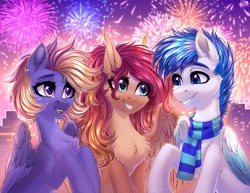 Size: 2048x1582 | Tagged: safe, artist:hakaina, oc, oc only, oc:cosmic blaze, oc:nova rossi, oc:saphirblau, pegasus, pony, chest fluff, clothes, countershading, fireworks, fluffy, pale belly, scarf, slender, striped scarf, thin