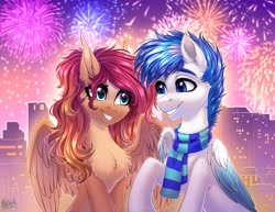 Size: 2048x1582 | Tagged: safe, artist:hakaina, oc, oc only, oc:nova rossi, oc:saphirblau, pegasus, pony, chest fluff, clothes, duo, fireworks, scarf, slender, striped scarf, thin