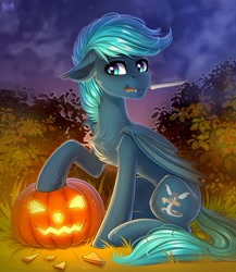 Size: 1775x2048 | Tagged: safe, artist:hakaina, oc, oc only, bat pony, pony, chest fluff, concave belly, fluffy, halloween, holiday, jack-o-lantern, knife, lighting, mouth hold, pumpkin, slender, solo, thin