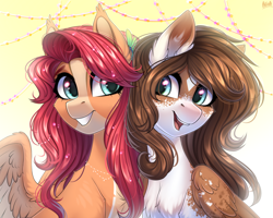 Size: 3000x2400 | Tagged: safe, artist:hakaina, oc, oc only, oc:mabel, pegasus, pony, chest fluff, duo, ear fluff, female, high res, mare, open mouth, open smile, smiling