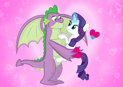 Size: 1280x908 | Tagged: safe, artist:mlplary6, rarity, spike, dragon, pony, unicorn, g4, female, gigachad spike, heart, holiday, looking at each other, male, older, older spike, ship:sparity, shipping, smiling, smiling at each other, straight, valentine's day, valentine's day card
