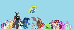 Size: 1280x518 | Tagged: safe, artist:background-conquerer, amethyst star, applejack, bon bon, cherry jubilee, grogar, gusty, lord tirek, minty, moondancer, scorpan, smooze, sparkler, spike, surprise (g4), sweetie drops, twist, centaur, dragon, earth pony, gargoyle, goat, pegasus, pony, sheep, unicorn, taur, g1, g4, bell, blue background, g1 to g4, generation leap, grogar's bell, implied g1, male, ram, simple background