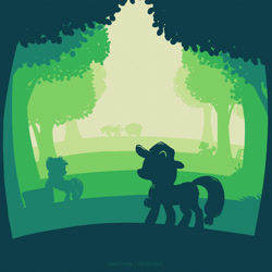 Size: 2000x2000 | Tagged: safe, artist:haretrinity, apple bloom, applejack, big macintosh, granny smith, earth pony, pony, g4, apple family, female, filly, foal, greenscale, high res, male, mare, monochrome, silhouette, stallion, tree