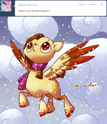 Size: 500x577 | Tagged: safe, artist:celadonlonghorn, oc, oc:desert eagle, pegasus, pony, ask desert eagle, clothes, colored wings, female, mare, scarf, snow, solo, two toned wings, wings