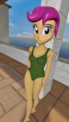 Size: 900x1600 | Tagged: safe, artist:oatmeal!, scootaloo, equestria girls, g4, 3d, clothes, gmod, green swimsuit, legs together, ocean, one-piece swimsuit, solo, swimsuit, tropical, water