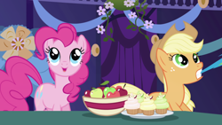 Size: 1920x1080 | Tagged: safe, screencap, applejack, pinkie pie, rainbow dash, earth pony, pony, friendship is magic, g4, season 1, :o, apple, biting, cupcake, duo, female, food, indoors, mare, o mouth, open mouth, ponyville town hall, raah!!!, tail, tail bite