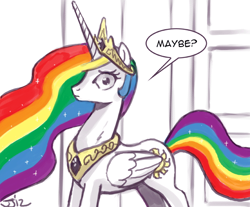 Size: 650x539 | Tagged: safe, artist:johnjoseco, edit, princess celestia, alicorn, pony, ask princess molestia, princess molestia, g4, alternate hairstyle, ask, comic, cropped, crown, dialogue, embarrassed, female, folded wings, hair dye, jewelry, looking at you, mare, multicolored hair, multicolored mane, multicolored tail, nervous, rainbow hair, rainbow tail, regalia, solo, sparkles, speech bubble, tail, tumblr, wings