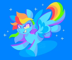 Size: 2048x1715 | Tagged: safe, artist:swirlseypop, rainbow dash, pegasus, pony, blue background, female, lineless, mare, simple background, smiling, solo, sparkles, spread wings, wings