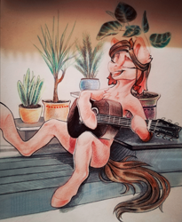 Size: 1653x2018 | Tagged: safe, artist:mithriss, oc, oc only, earth pony, semi-anthro, arm hooves, chest fluff, guitar, musical instrument, plant, solo, traditional art