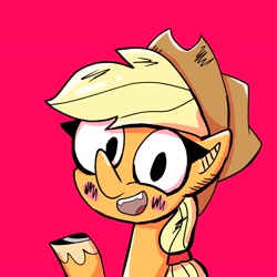 Size: 2048x2048 | Tagged: safe, artist:eveeyuwu, applejack, earth pony, pony, g4, blush sticker, blushing, bust, high res, looking at you, open mouth, red background, simple background
