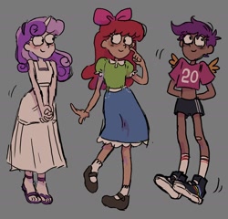 Size: 1948x1870 | Tagged: safe, artist:chorof_apski, apple bloom, scootaloo, sweetie belle, human, g4, bandaid, blouse, clothes, cutie mark crusaders, dark skin, dress, hairband, horn, horned humanization, humanized, jersey, light skin, mary janes, midriff, moderate dark skin, open-toed shoes, sandals, shirt, shoes, shorts, skirt, sneakers, socks, sports shorts, t-shirt, tomboy, winged humanization, wings