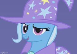 Size: 592x422 | Tagged: safe, screencap, trixie, pony, unicorn, boast busters, g4, season 1, brooch, bust, cape, clothes, cropped, female, hat, imgflip, jewelry, mare, open mouth, open smile, raised eyebrow, smiling, solo, trixie's brooch, trixie's cape, trixie's hat