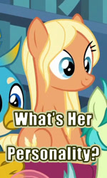 Size: 248x412 | Tagged: safe, edit, edited screencap, screencap, amber grain, gallus, ocellus, sandbar, earth pony, griffon, pony, a rockhoof and a hard place, g4, background pony, blonde mane, caption, cropped, cute, female, friendship student, image macro, male, mare, sitting, smiling, solo focus, text
