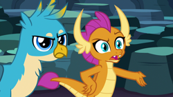 Size: 1280x720 | Tagged: safe, screencap, gallus, smolder, dragon, griffon, g4, uprooted, dragoness, female, gallus is not amused, hand on hip, male, smolder is not amused, unamused