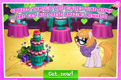 Size: 1034x687 | Tagged: safe, gameloft, touring wind, g4, idw, advertisement, cake, clothes, cupcake, female, food, glasses, idw showified, mare, scarf, text