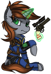 Size: 387x567 | Tagged: safe, artist:gloomradiancy, oc, oc only, oc:littlepip, pony, unicorn, fallout equestria, clothes, fanfic, fanfic art, female, glowing, glowing horn, gun, handgun, hooves, horn, jumpsuit, levitation, little macintosh, magic, mare, optical sight, pipbuck, revolver, scope, simple background, sitting, solo, telekinesis, transparent background, vault suit, weapon