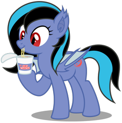 Size: 3224x3248 | Tagged: safe, artist:strategypony, oc, oc only, oc:midnight grave, bat pony, pony, bat pony oc, cup noodles, cute, eating, female, food, high res, mare, noodles, ocbetes, silly, simple background, solo, tail, transparent background, two toned mane, two toned tail, wings