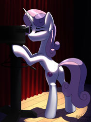 Size: 2250x3000 | Tagged: safe, artist:dash wang, sweetie belle, pony, unicorn, g4, bipedal, butt, camera, curtains, dock, eyebrows, eyelashes, female, high res, horn, mare, older, older sweetie belle, one eye closed, plot, solo, spotlight, stage, standing, tail