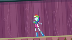 Size: 3410x1920 | Tagged: safe, screencap, rainbow dash, equestria girls, g4, my little pony equestria girls: friendship games, boots, canterlot high, clothes, cutie mark on clothes, female, high res, microphone, shoes, smiling, solo