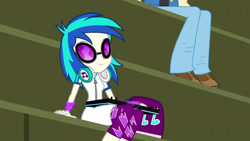 Size: 3410x1920 | Tagged: safe, screencap, dj pon-3, vinyl scratch, equestria girls, g4, my little pony equestria girls: friendship games, canterlot high, chs rally song, female, headphones, high res, male, smiling, solo focus