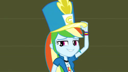 Size: 3410x1920 | Tagged: safe, screencap, rainbow dash, equestria girls, g4, my little pony equestria girls: friendship games, canterlot high, chs rally song, clothes, cutie mark on clothes, female, hat, high res, smiling, solo, top hat