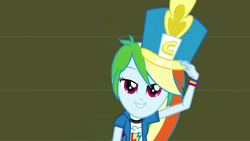 Size: 3410x1920 | Tagged: safe, screencap, rainbow dash, equestria girls, g4, my little pony equestria girls: friendship games, canterlot high, chs rally song, clothes, cutie mark on clothes, female, hat, high res, smiling, solo, top hat
