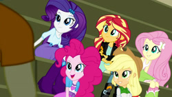 Size: 3410x1920 | Tagged: safe, screencap, applejack, fluttershy, pinkie pie, rarity, sunset shimmer, equestria girls, g4, my little pony equestria girls: friendship games, applejack's hat, boots, bracelet, canterlot high, chs rally song, clothes, cowboy hat, cutie mark on clothes, female, hairpin, hat, high res, jacket, jewelry, leather, leather jacket, male, offscreen character, open mouth, open smile, shoes, smiling