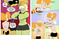 Size: 3931x2599 | Tagged: safe, artist:matchstickman, granny smith, pear butter, earth pony, anthro, comic:the other side, g4, abs, armpits, barbell, biceps, breasts, busty granny smith, clothes, comic, deltoids, dialogue, dumbbell (object), duo, female, granny smash, gritted teeth, gym shorts, high res, implied tail hole, mare, muscles, muscular female, push-ups, sit-ups, speech bubble, sweet apple acres barn, tail, teenager, thighs, thunder thighs, weight lifting, weights, young granny smith, young pear butter, younger