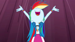 Size: 3410x1920 | Tagged: safe, screencap, rainbow dash, equestria girls, g4, my little pony equestria girls: friendship games, arms in the air, canterlot high, chs rally song, clothes, cutie mark on clothes, female, high res, mawshot, nose in the air, open mouth, open smile, smiling, solo, uvula, volumetric mouth